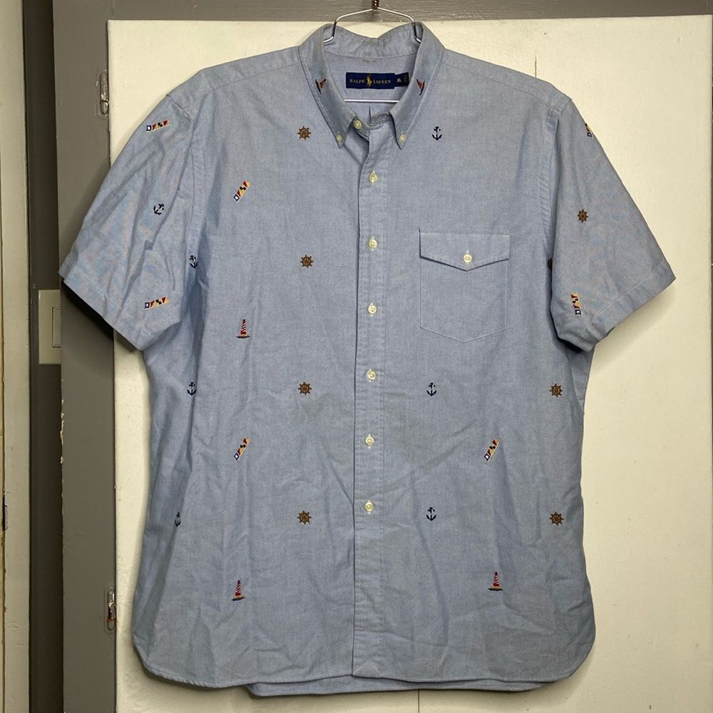 Ralph Lauren Mens short sleeve button down shirt XL Nautical Lighthouse Anchor